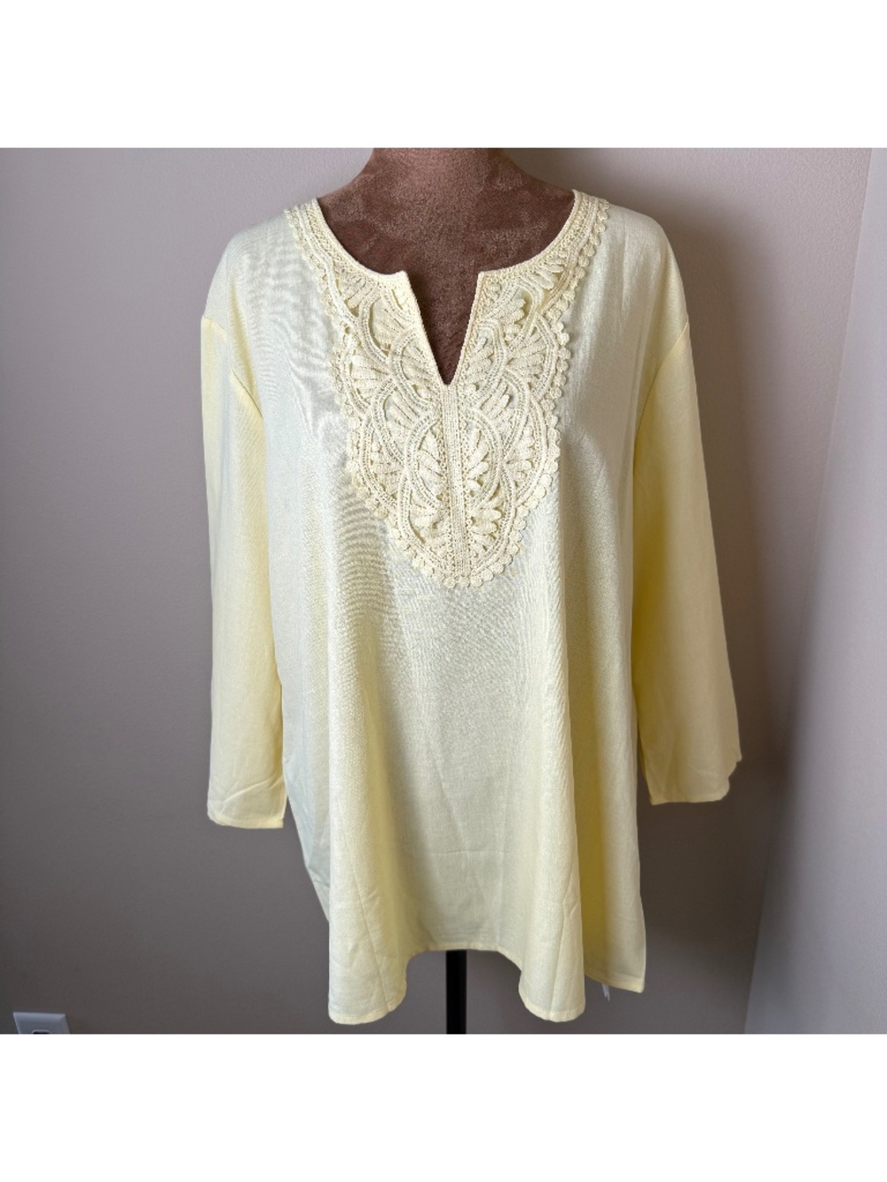 NWT Lomon Crochet Linen Blend Tunic Womens XL Butter Yellow Boho Resort Shirt